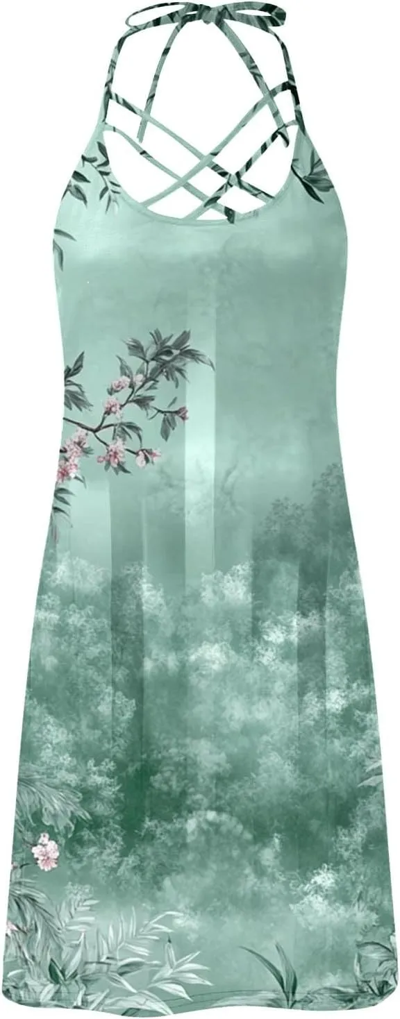 Women's Summer Tank Dress Floral Cami Dress Criss Cross Lace Up Halter Backless Mini Beach Sun Dresses