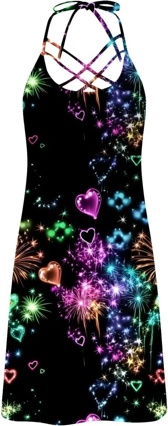 Women's Summer Tank Dress Floral Cami Dress Criss Cross Lace Up Halter Backless Mini Beach Sun Dresses