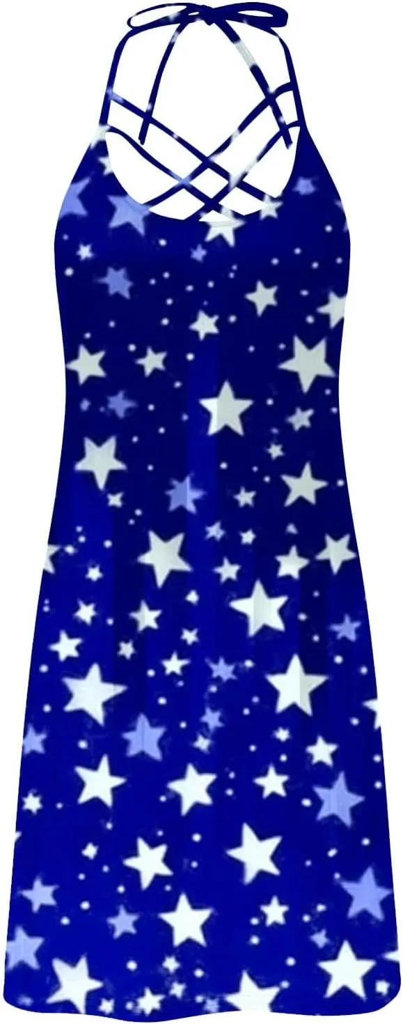 Women's Summer Tank Dress Floral Cami Dress Criss Cross Lace Up Halter Backless Mini Beach Sun Dresses