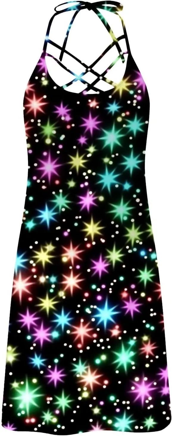 Women's Summer Tank Dress Floral Cami Dress Criss Cross Lace Up Halter Backless Mini Beach Sun Dresses