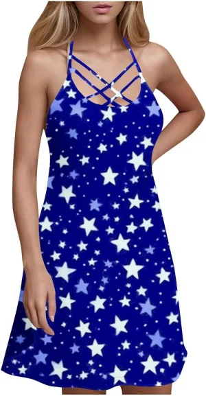 Women's Summer Tank Dress Floral Cami Dress Criss Cross Lace Up Halter Backless Mini Beach Sun Dresses