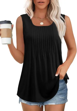 Women's Summer Tank Tops Square Neck Dressy Casual Sleeveless Blouses Plus Scooped Neck Pleated Work Shirts
