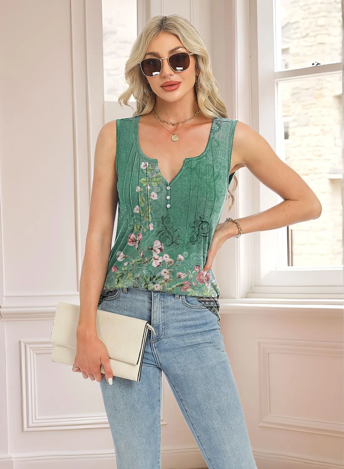Womens Summer Tank Tops V Neck Sleeveless Buttons Pleated Casual Shirts Dressy Loose Fit Tshirts Blouses