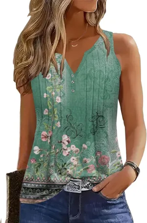 Womens Summer Tank Tops V Neck Sleeveless Buttons Pleated Casual Shirts Dressy Loose Fit Tshirts Blouses
