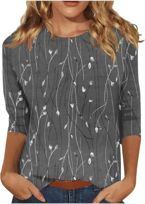 Womens Summer Tops Dressy 3/4 Sleeve Shirts Floral Print Tunic Blouses 2024 Womens Tops Casual Basic Tees