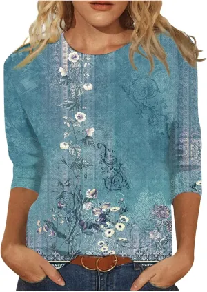 Womens Summer Tops Dressy 3/4 Sleeve Shirts Floral Print Tunic Blouses 2024 Womens Tops Casual Basic Tees