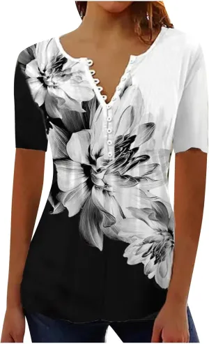 Womens Summer Tops Dressy Casual Short Sleeve Button V Neck T Shirts Trendy Boho Floral Tunic Blouses Cute Flowy Tees
