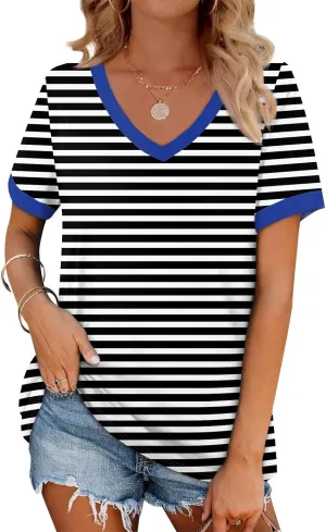 Womens Summer Tops Dressy Casual V Neck Short Sleeve Striped Color Block T Shirts Daily Going Out Blouses
