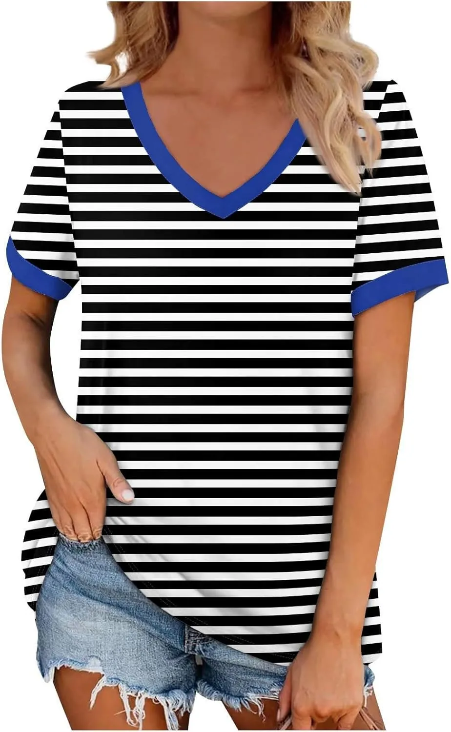 Womens Summer Tops Dressy Casual V Neck Short Sleeve Striped Color Block T Shirts Daily Going Out Blouses