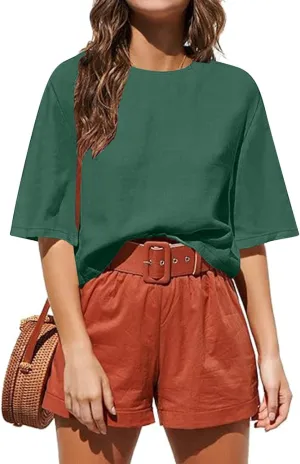 Womens Summer Tops Short Sleeve Trendy Crop Drop Shoulder Half Sleeve T Shirts Daily Workout Loose Casual Blouses