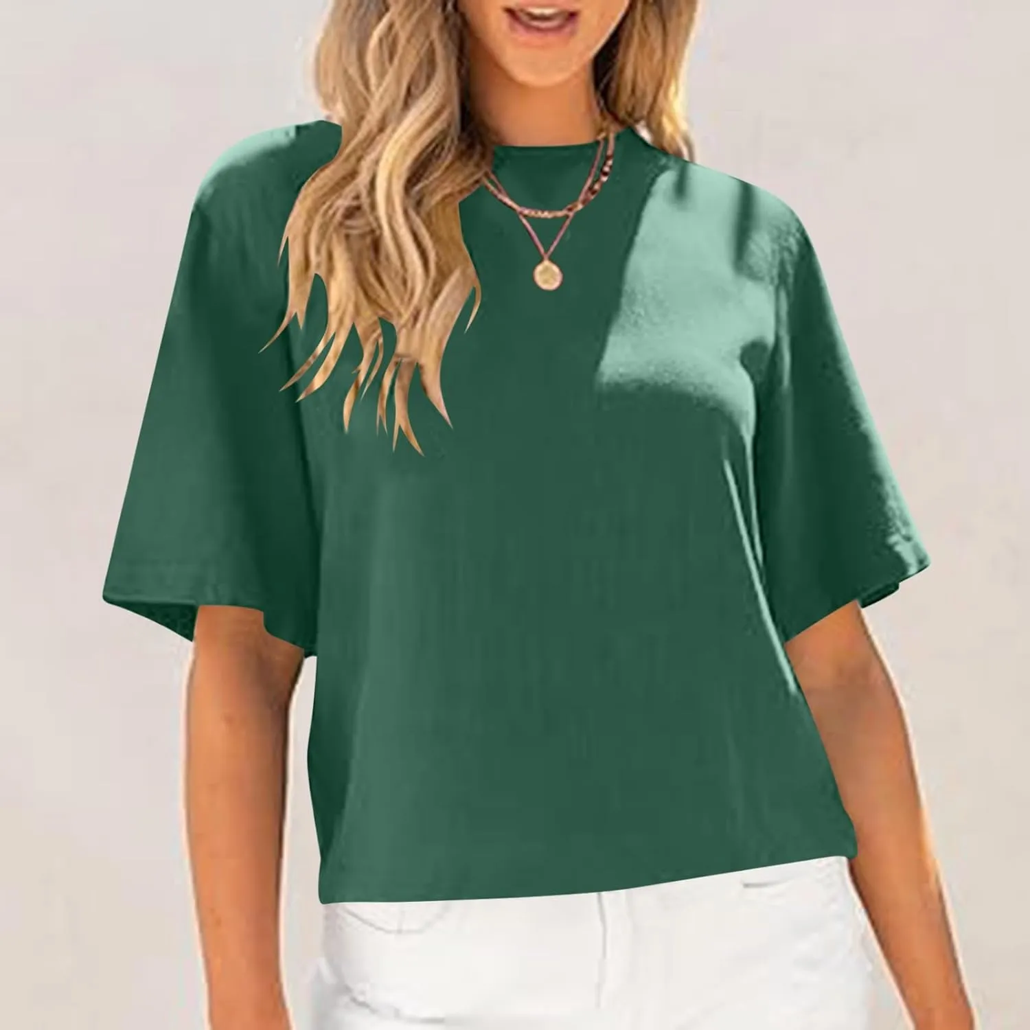 Womens Summer Tops Short Sleeve Trendy Crop Drop Shoulder Half Sleeve T Shirts Daily Workout Loose Casual Blouses