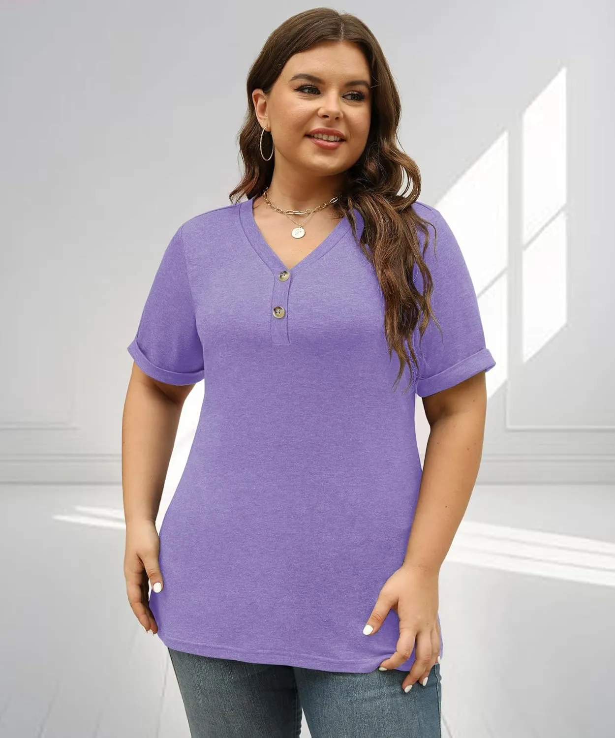 Womens Summer Tops Trendy Button Down V Neck Shirts Short Sleeve Blouses Business Casual Loose Tunics