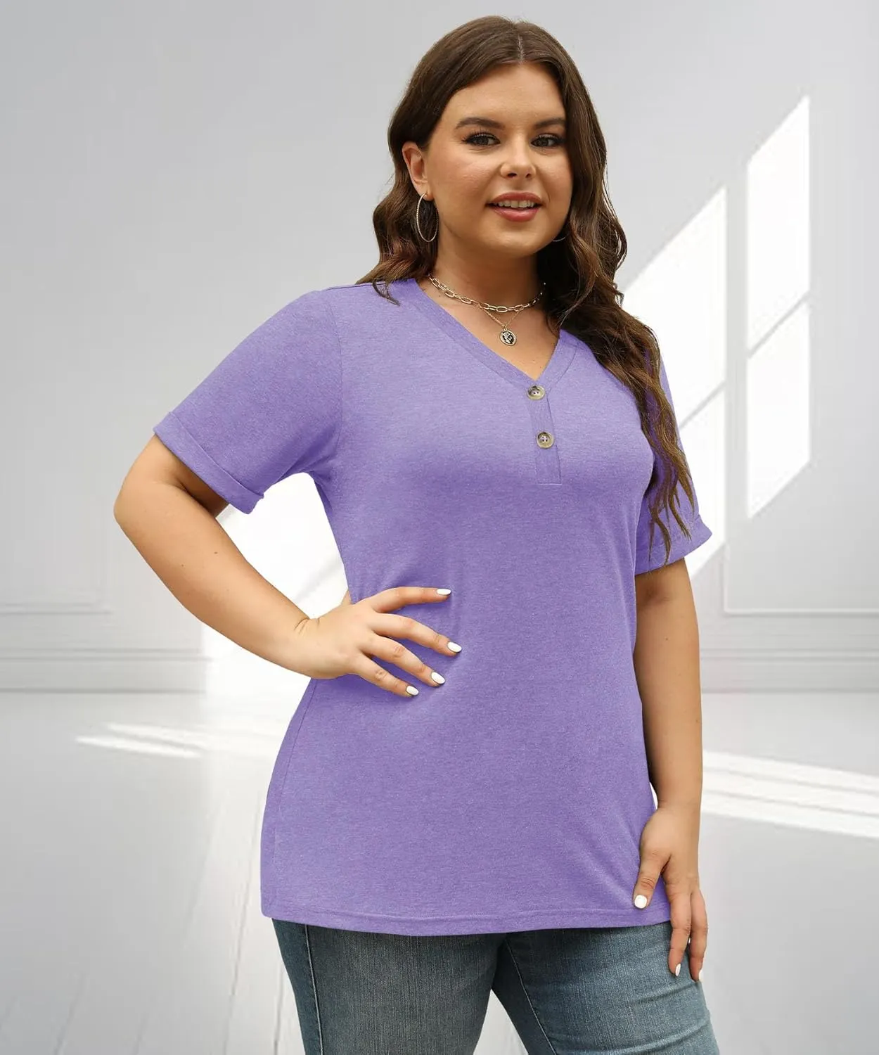 Womens Summer Tops Trendy Button Down V Neck Shirts Short Sleeve Blouses Business Casual Loose Tunics