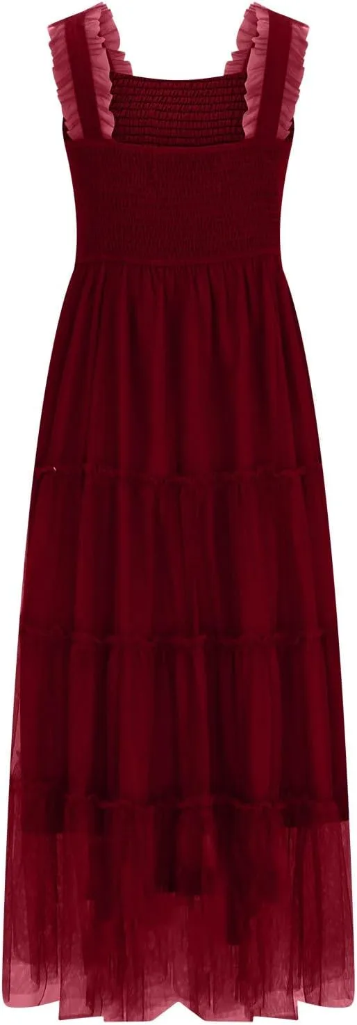 Women's Summer Tulle Dress Sleeveless Square Neck Smocked Dress Ruffle Hem A Line Beach Long Maxi Sundress