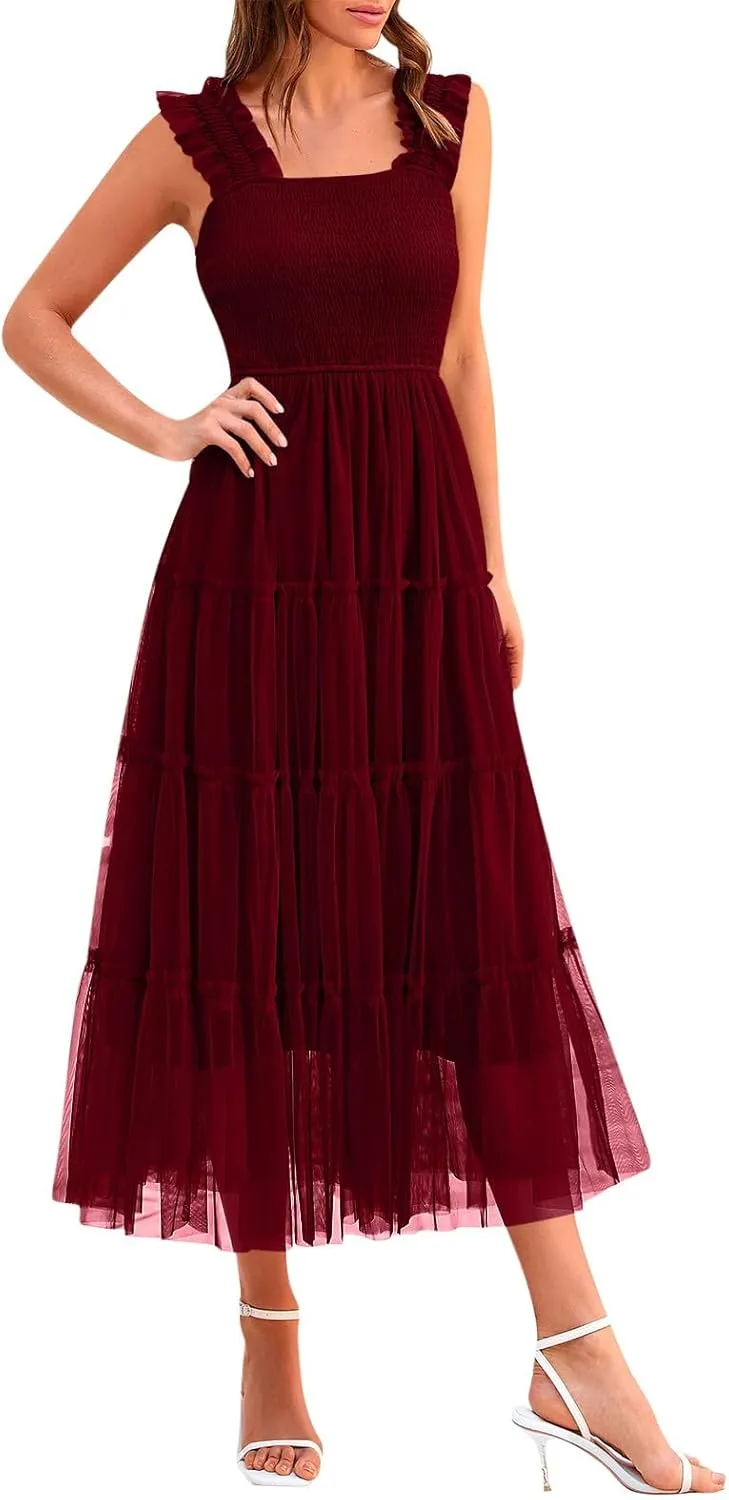 Women's Summer Tulle Dress Sleeveless Square Neck Smocked Dress Ruffle Hem A Line Beach Long Maxi Sundress