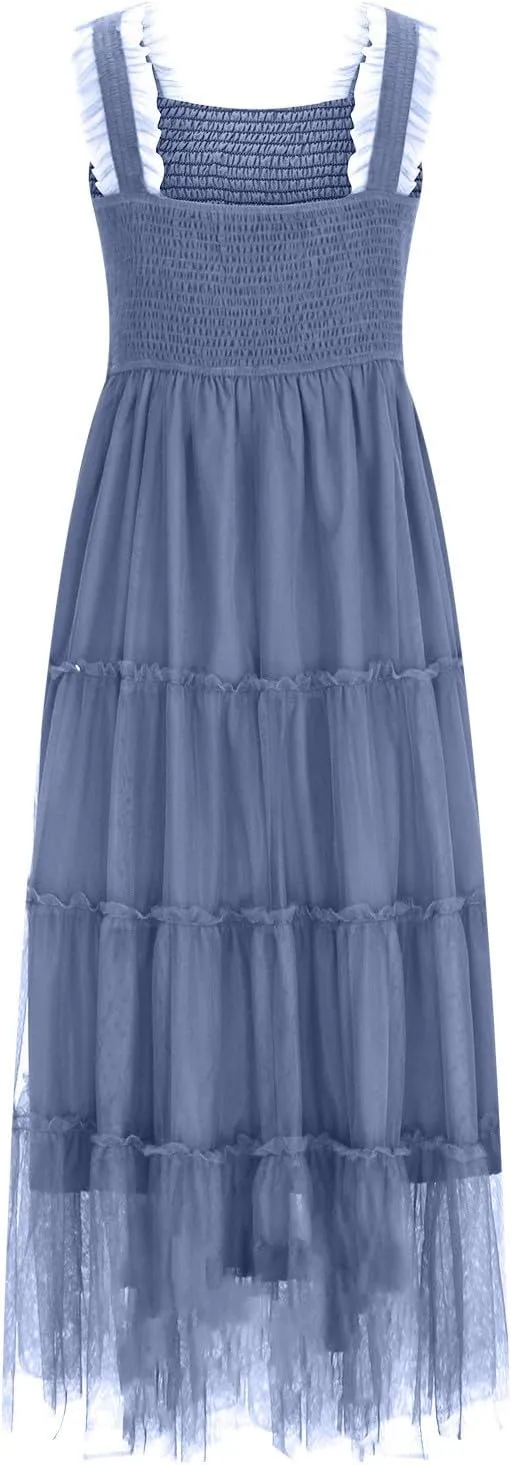 Women's Summer Tulle Dress Sleeveless Square Neck Smocked Dress Ruffle Hem A Line Beach Long Maxi Sundress