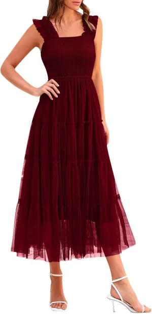 Women's Summer Tulle Dress Sleeveless Square Neck Smocked Dress Ruffle Hem A Line Beach Long Maxi Sundress