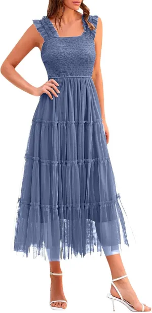 Women's Summer Tulle Dress Sleeveless Square Neck Smocked Dress Ruffle Hem A Line Beach Long Maxi Sundress