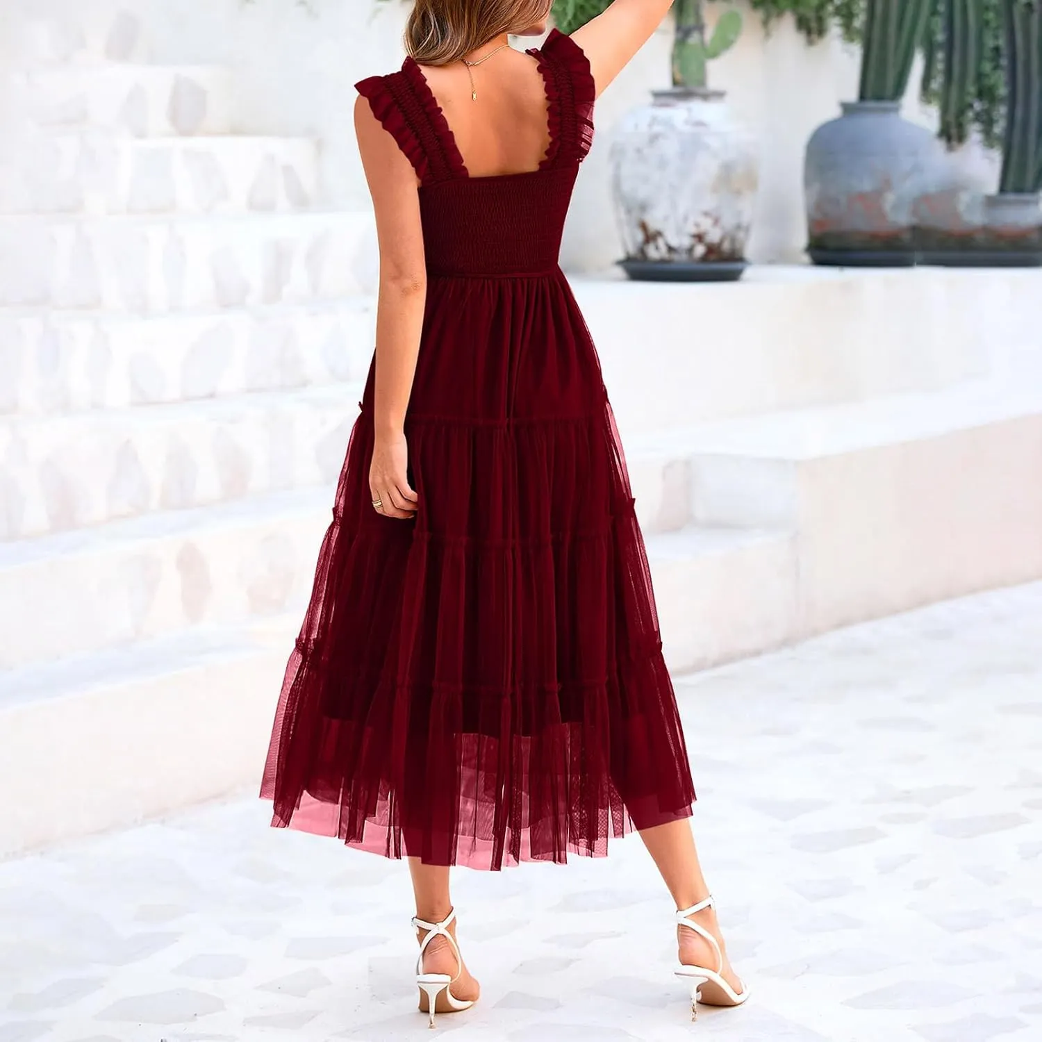 Women's Summer Tulle Dress Sleeveless Square Neck Smocked Dress Ruffle Hem A Line Beach Long Maxi Sundress