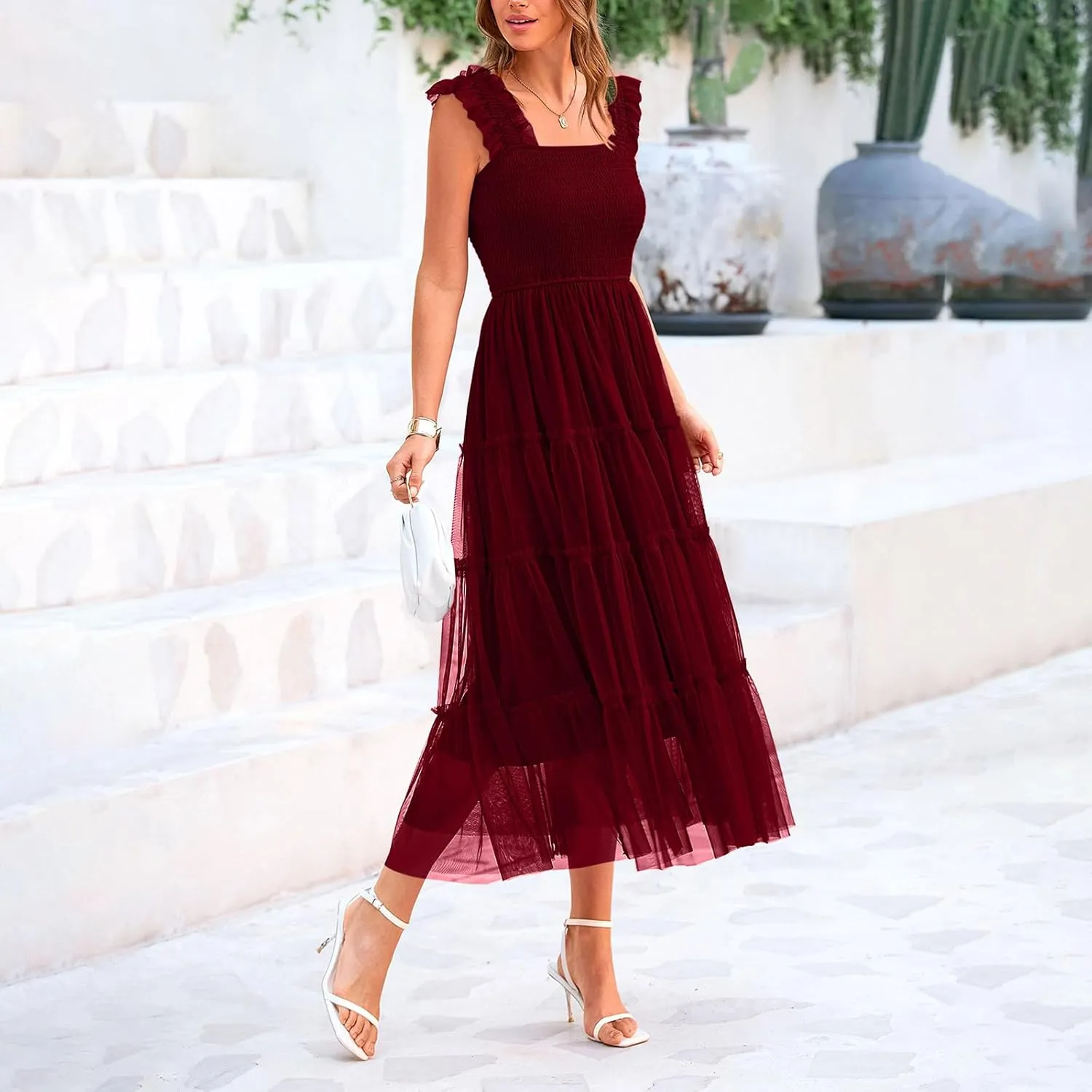Women's Summer Tulle Dress Sleeveless Square Neck Smocked Dress Ruffle Hem A Line Beach Long Maxi Sundress