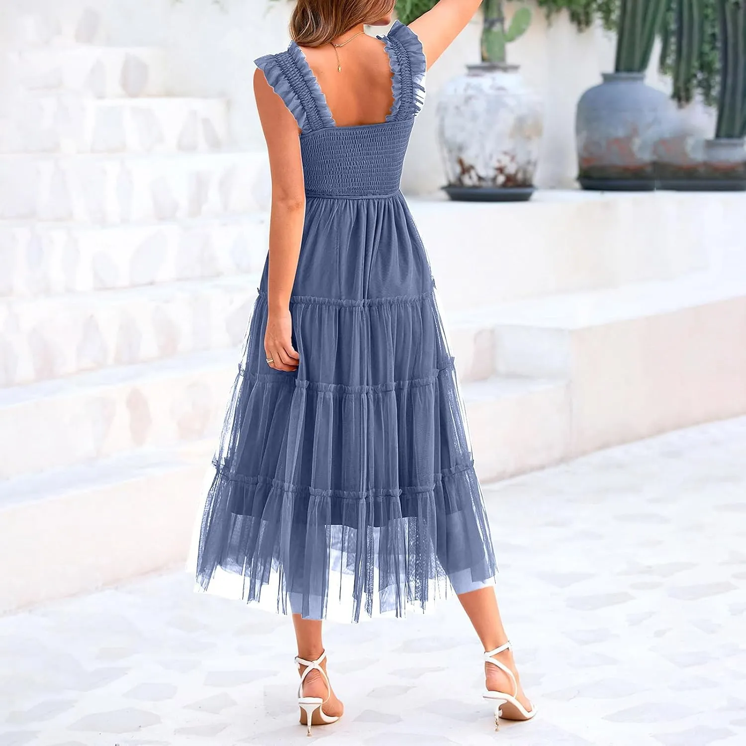 Women's Summer Tulle Dress Sleeveless Square Neck Smocked Dress Ruffle Hem A Line Beach Long Maxi Sundress