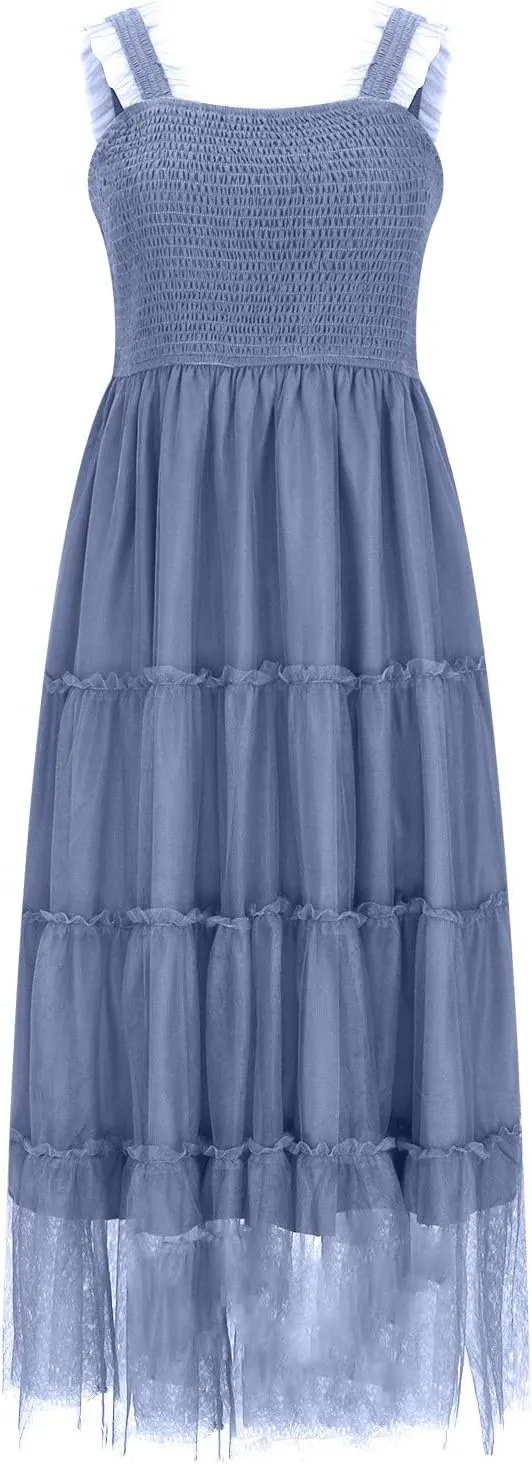 Women's Summer Tulle Dress Sleeveless Square Neck Smocked Dress Ruffle Hem A Line Beach Long Maxi Sundress