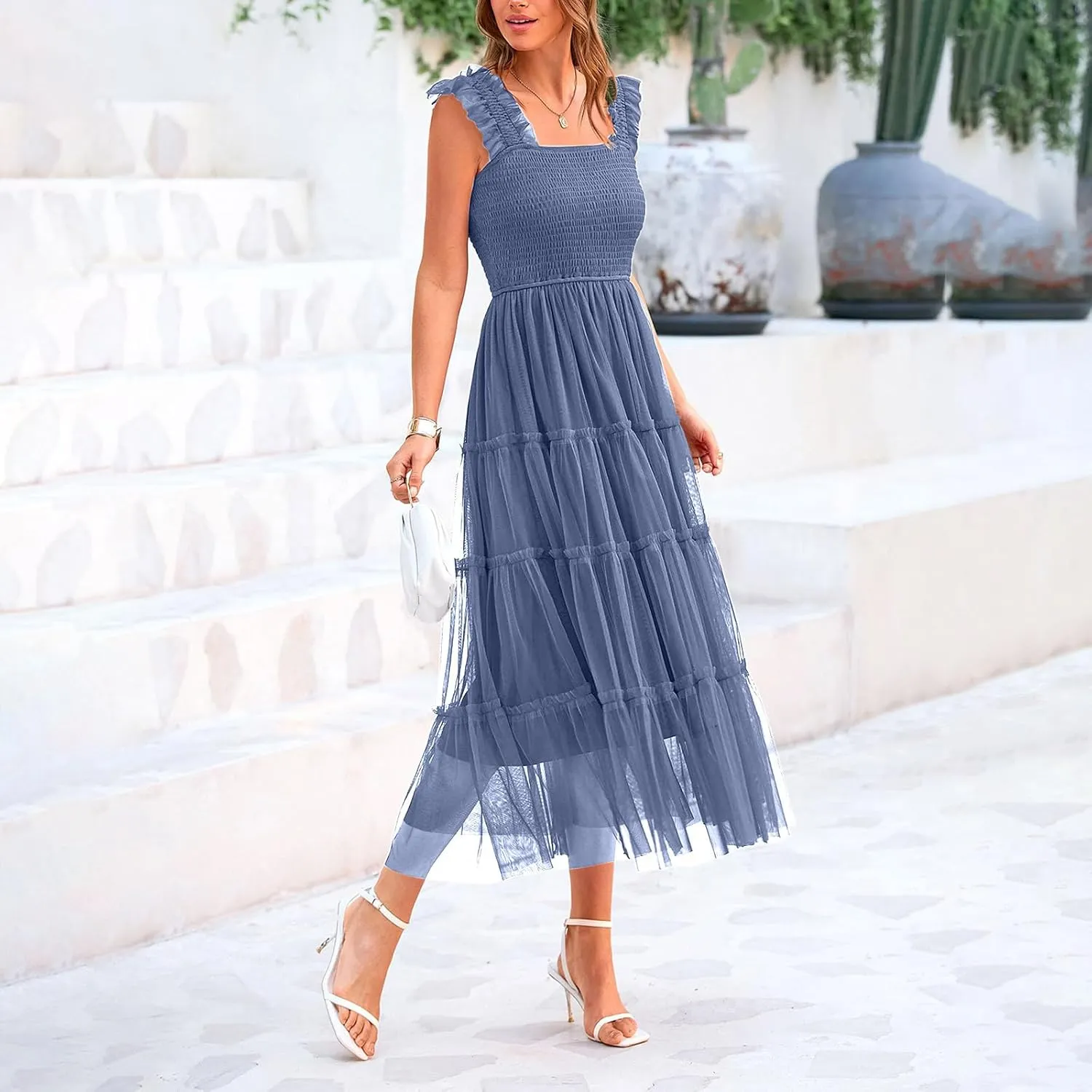 Women's Summer Tulle Dress Sleeveless Square Neck Smocked Dress Ruffle Hem A Line Beach Long Maxi Sundress