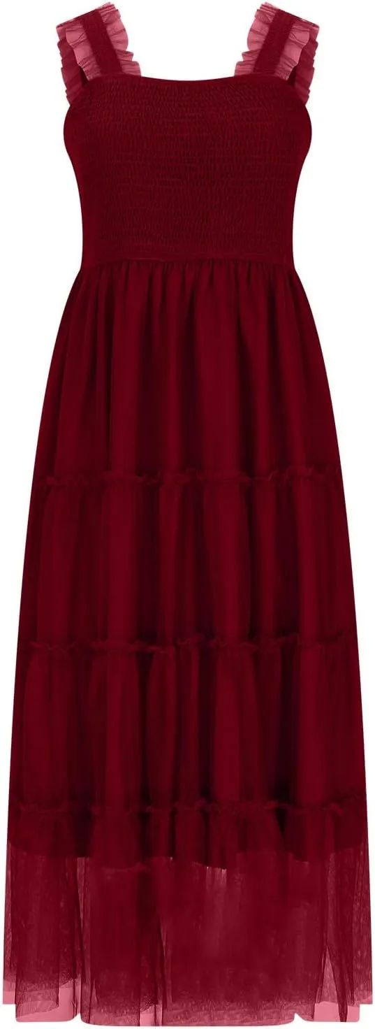 Women's Summer Tulle Dress Sleeveless Square Neck Smocked Dress Ruffle Hem A Line Beach Long Maxi Sundress