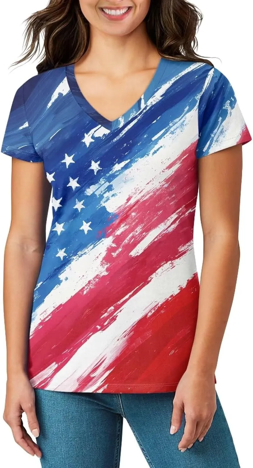 Womens Summer V Neck Casual T Shirt Short Sleeve Blouses Tops Plus Size Athletic T-Shirt for Women Graphic XS-5XL
