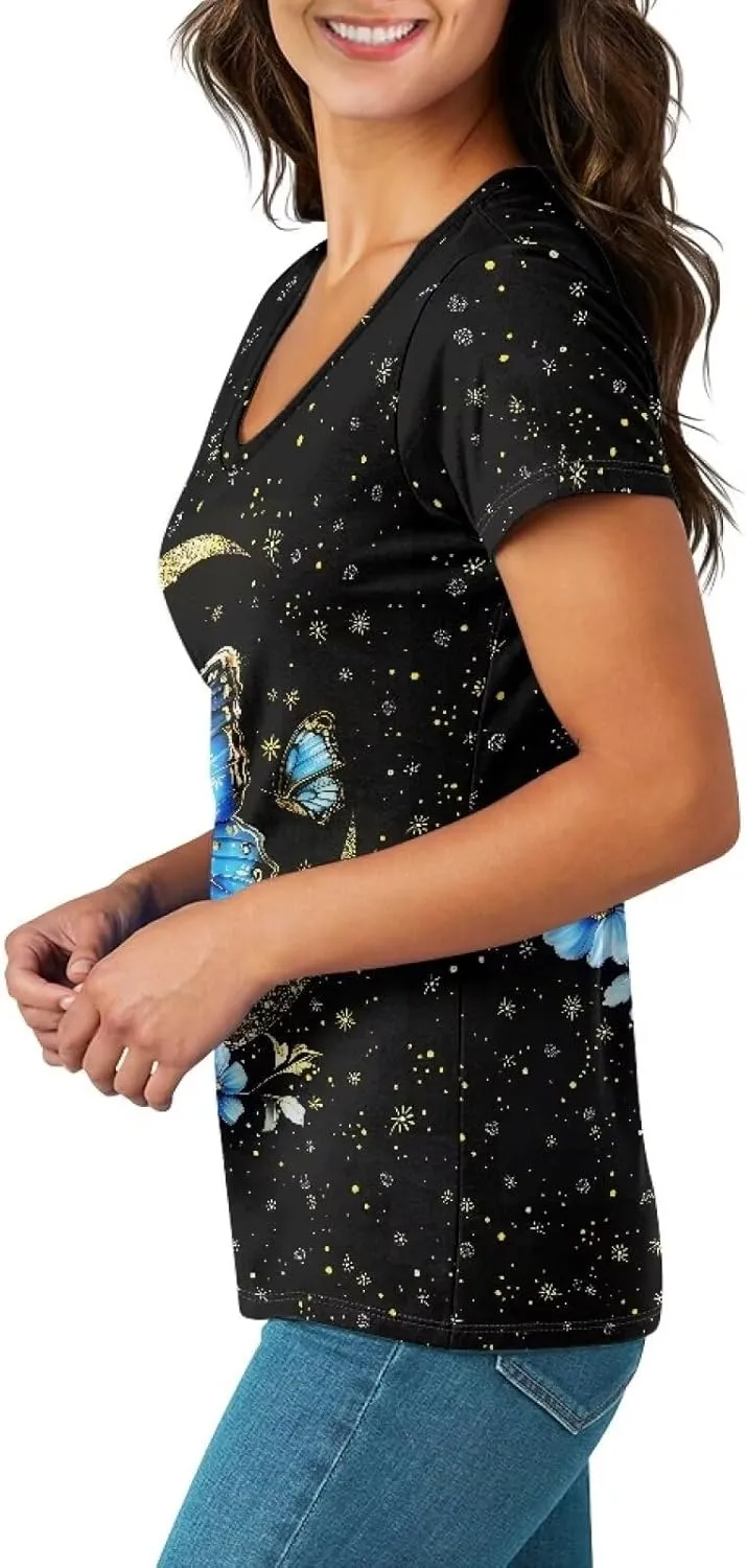 Womens Summer V Neck Casual T Shirt Short Sleeve Blouses Tops Plus Size Athletic T-Shirt for Women Graphic XS-5XL