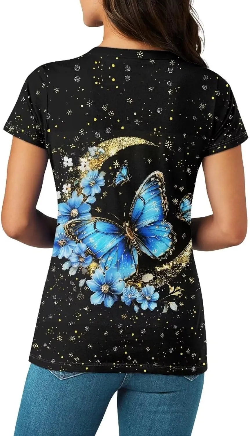 Womens Summer V Neck Casual T Shirt Short Sleeve Blouses Tops Plus Size Athletic T-Shirt for Women Graphic XS-5XL