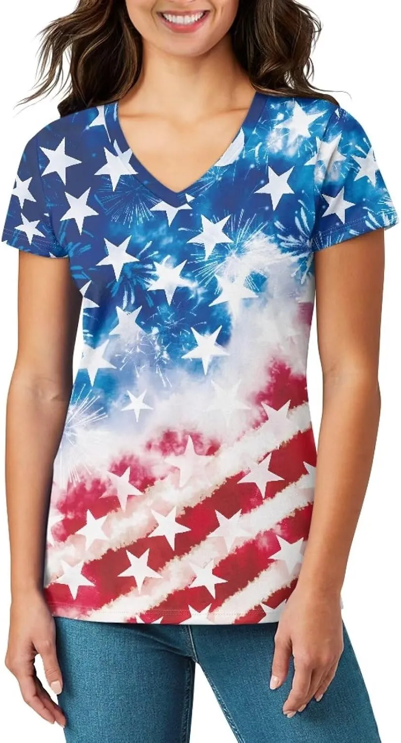 Womens Summer V Neck Casual T Shirt Short Sleeve Blouses Tops Plus Size Athletic T-Shirt for Women Graphic XS-5XL