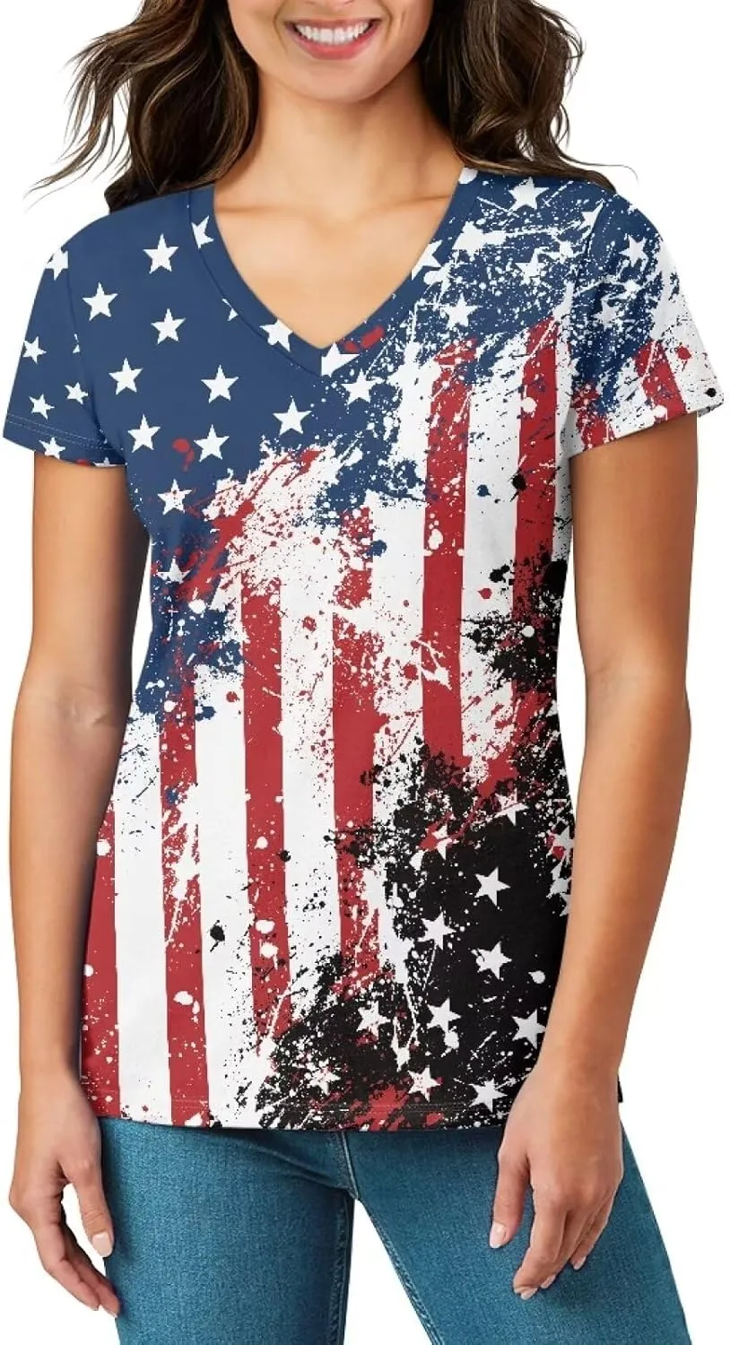 Womens Summer V Neck Casual T Shirt Short Sleeve Blouses Tops Plus Size Athletic T-Shirt for Women Graphic XS-5XL