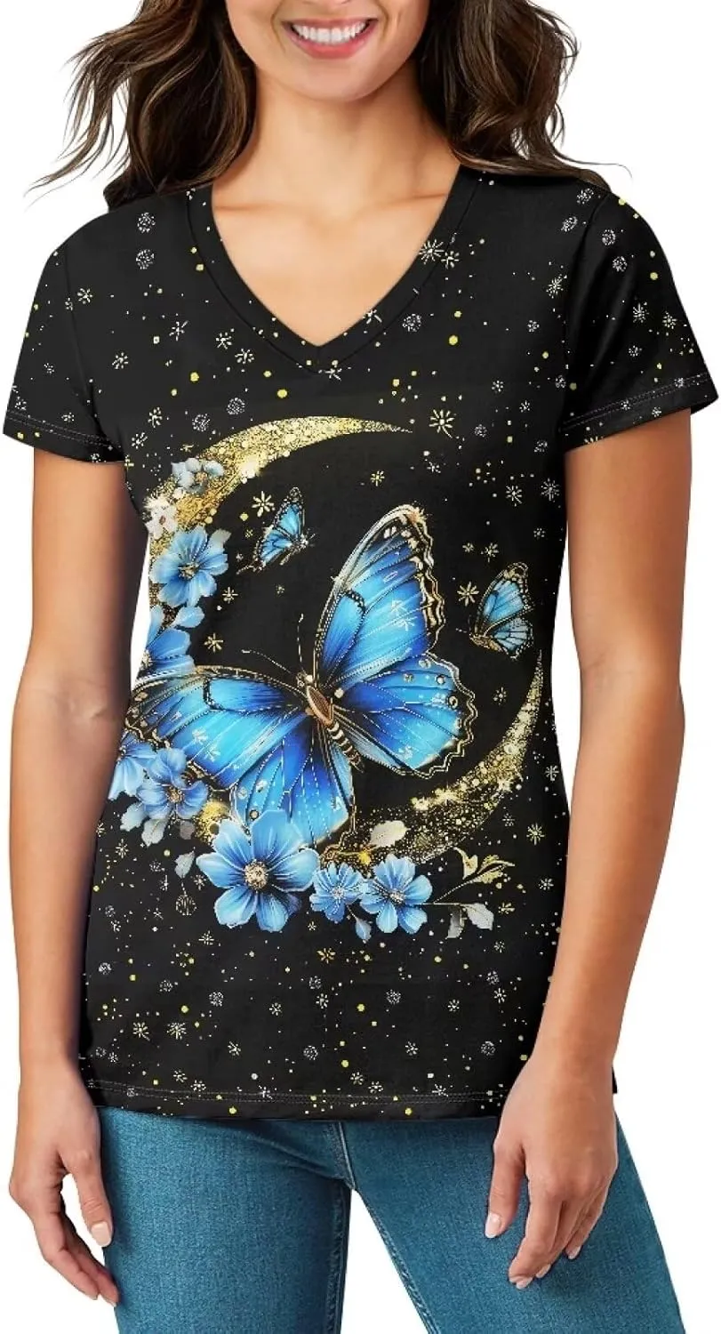 Womens Summer V Neck Casual T Shirt Short Sleeve Blouses Tops Plus Size Athletic T-Shirt for Women Graphic XS-5XL