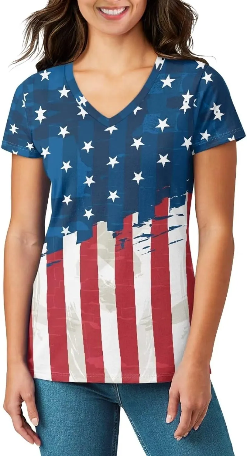 Womens Summer V Neck Casual T Shirt Short Sleeve Blouses Tops Plus Size Athletic T-Shirt for Women Graphic XS-5XL