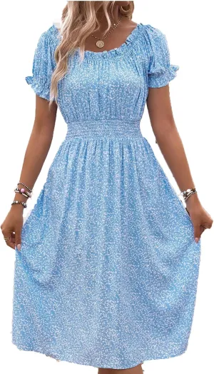 Womens Sundress Summer Casual Floral Midi Dress Ruffle Short Sleeve Crew Neck A-line Flowy Boho Dresses