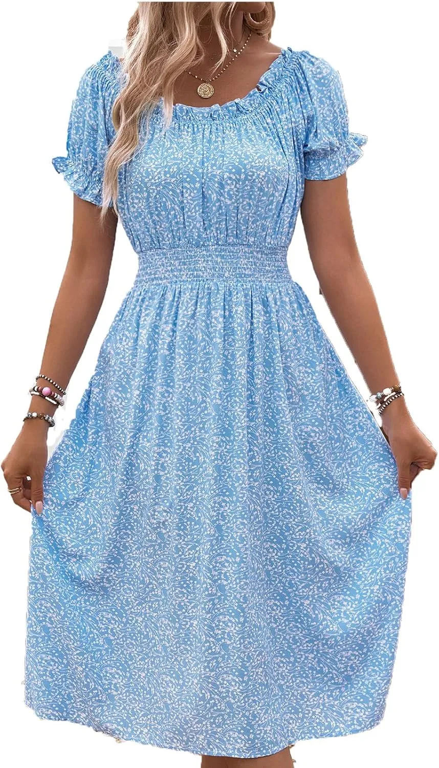 Womens Sundress Summer Casual Floral Midi Dress Ruffle Short Sleeve Crew Neck A-line Flowy Boho Dresses