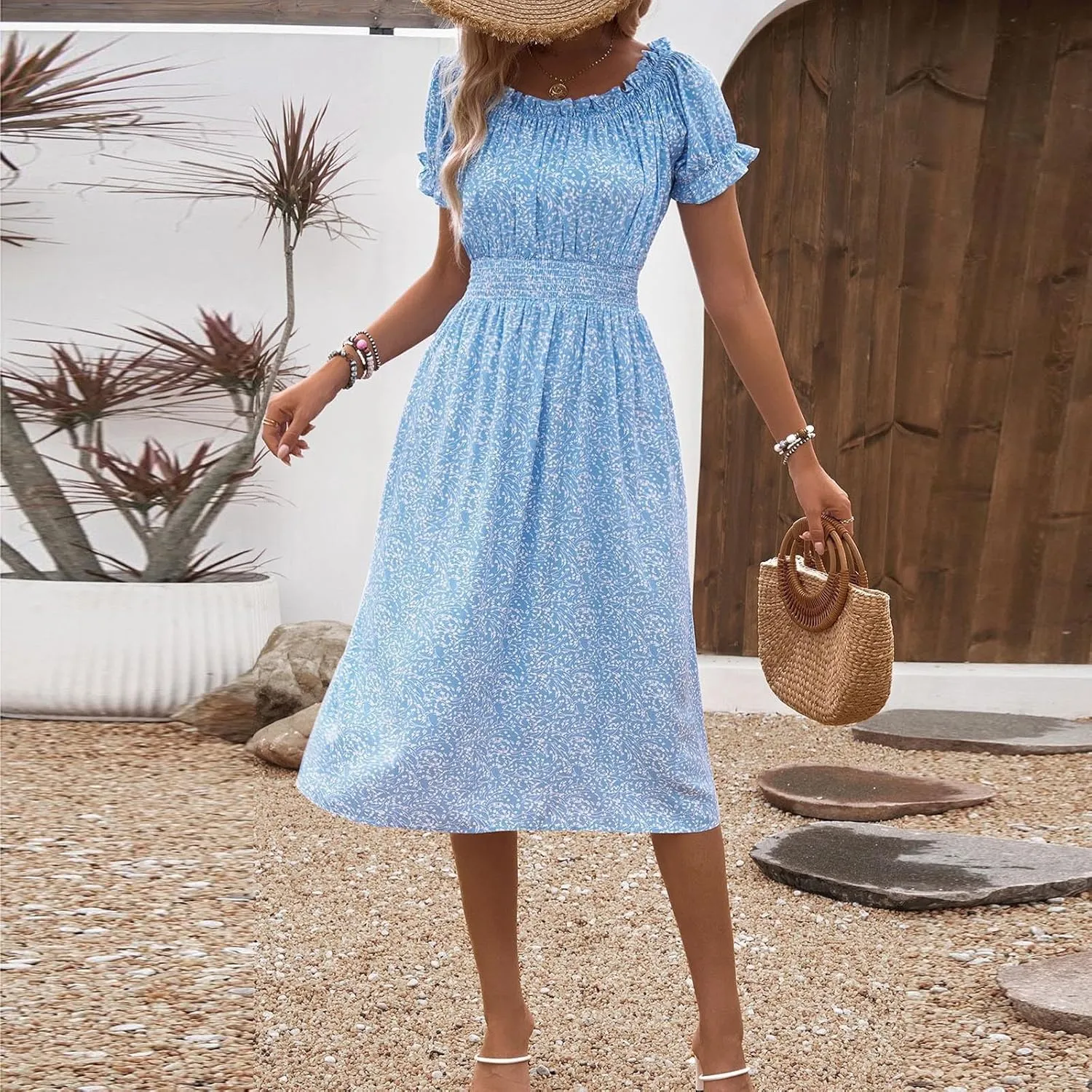 Womens Sundress Summer Casual Floral Midi Dress Ruffle Short Sleeve Crew Neck A-line Flowy Boho Dresses