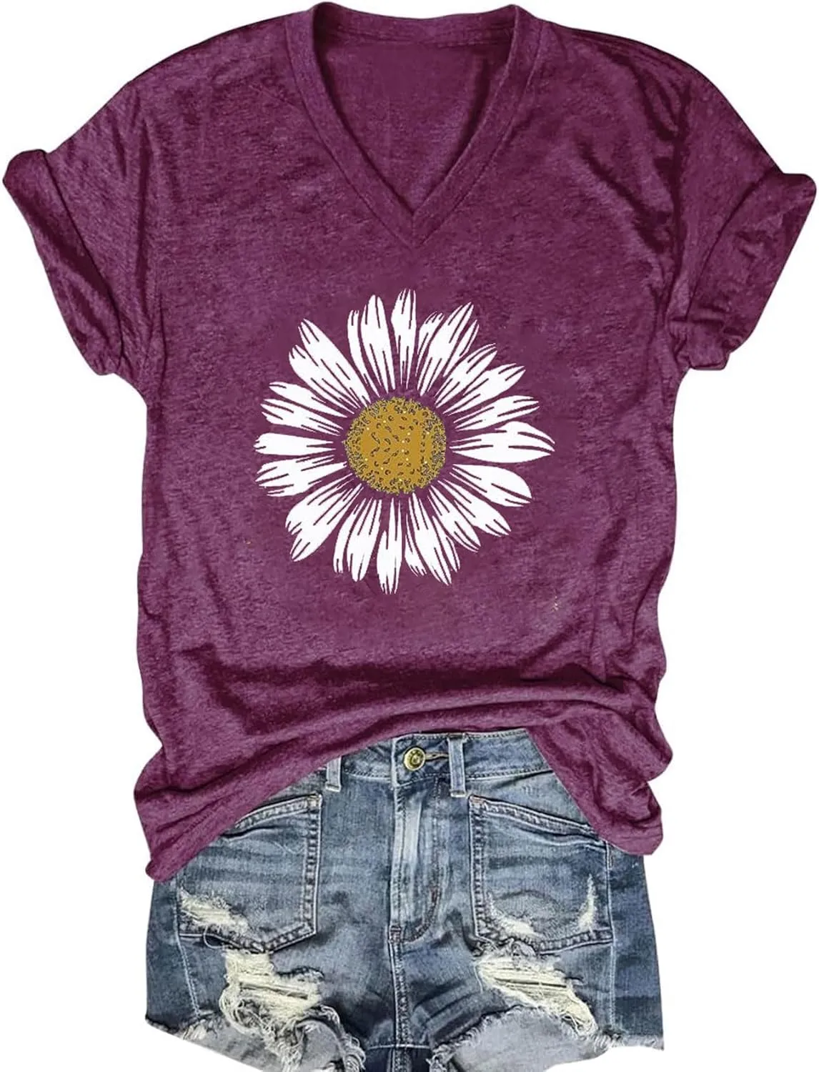 Women's T-Shirts V-Neck Boho Flowers Wildflowers Tee Cute Summer Graphic Shirts Short Sleeve T Shirt