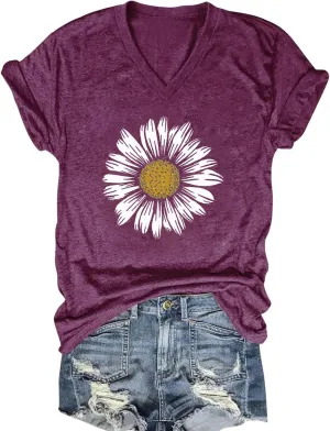 Women's T-Shirts V-Neck Boho Flowers Wildflowers Tee Cute Summer Graphic Shirts Short Sleeve T Shirt