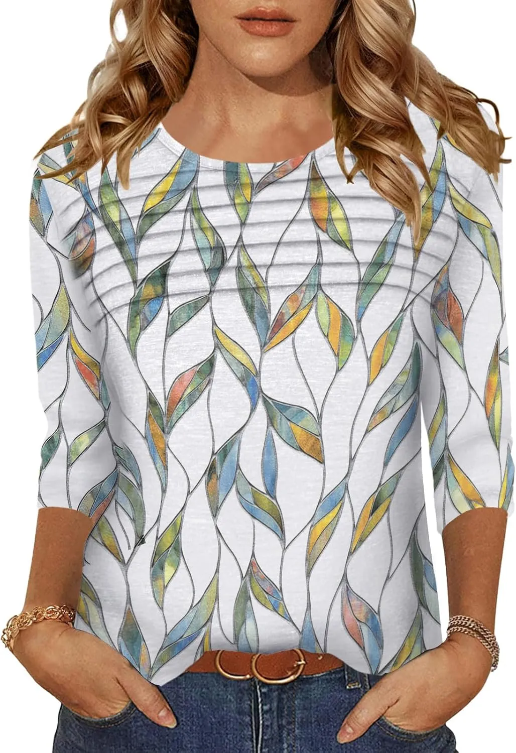 Womens Tops 3/4 Length Sleeve Tshirts Summer Dressy Casual Crew Neck Blouses Spring Pleated Clothes S-XXL