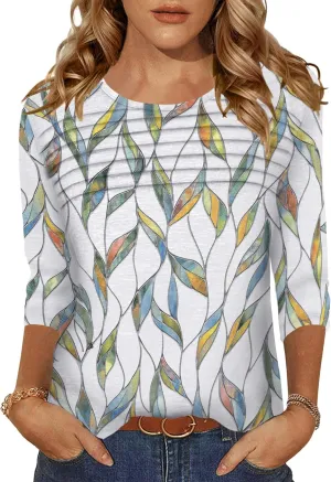 Womens Tops 3/4 Length Sleeve Tshirts Summer Dressy Casual Crew Neck Blouses Spring Pleated Clothes S-XXL