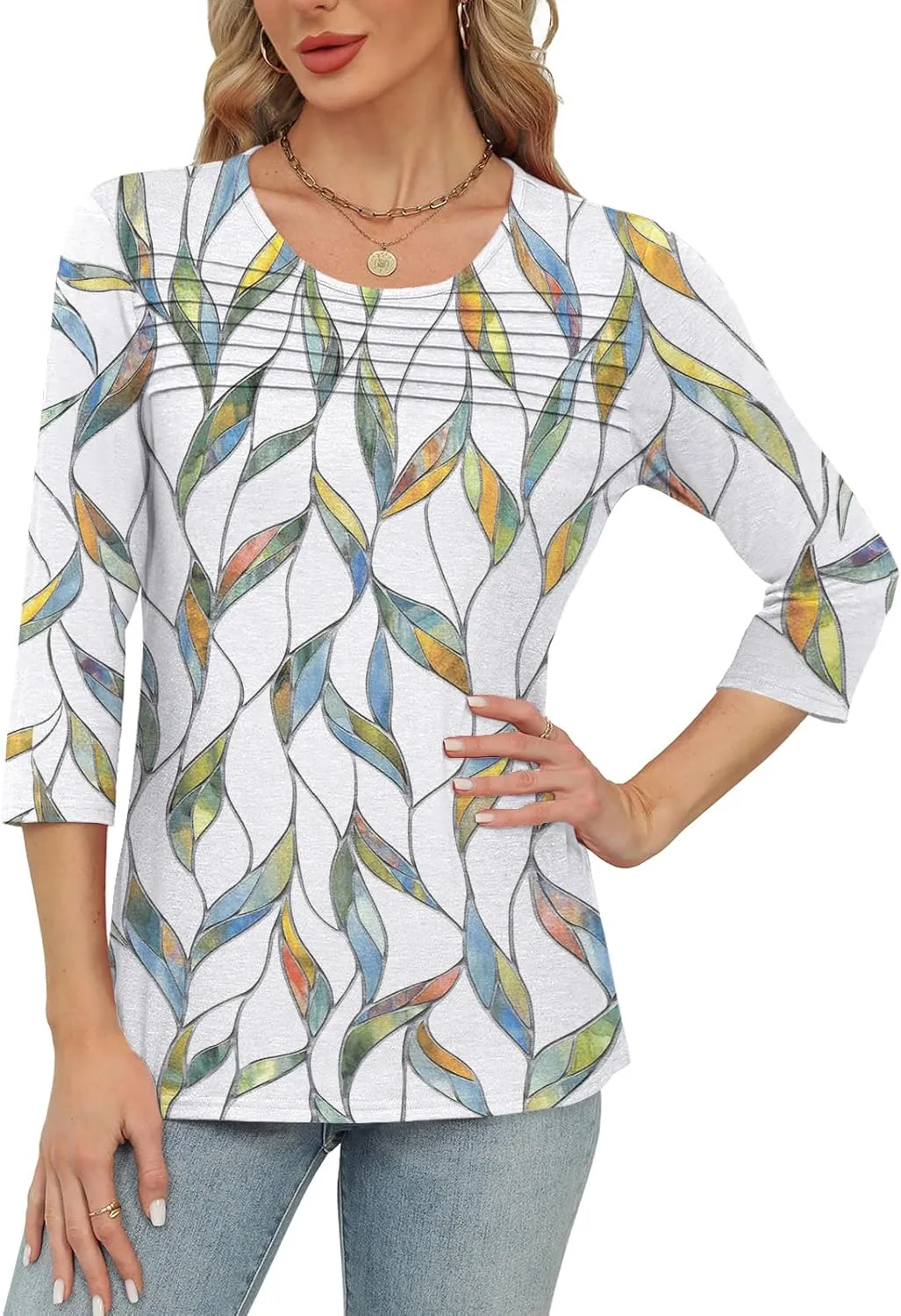 Womens Tops 3/4 Length Sleeve Tshirts Summer Dressy Casual Crew Neck Blouses Spring Pleated Clothes S-XXL