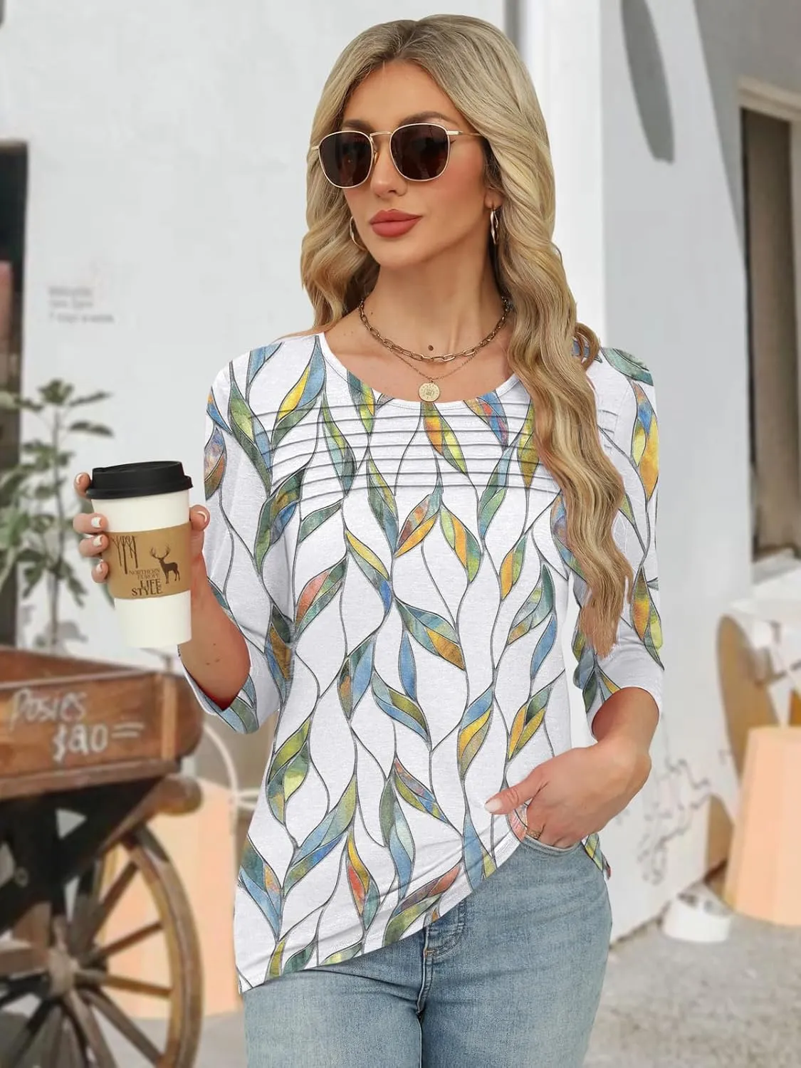 Womens Tops 3/4 Length Sleeve Tshirts Summer Dressy Casual Crew Neck Blouses Spring Pleated Clothes S-XXL