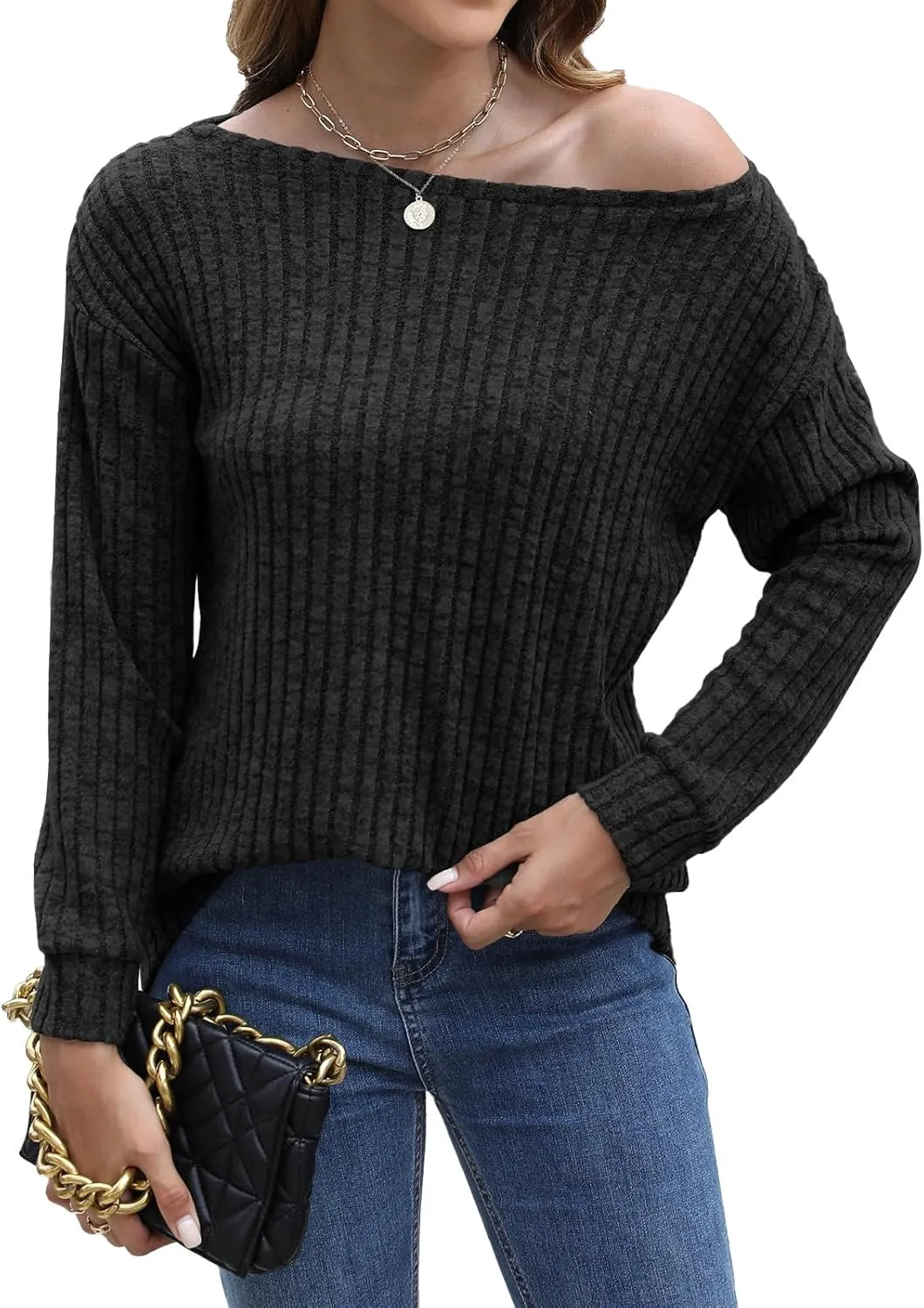 Womens Tops Sweaters Ladies Tunics Casual Long Sleeve Shirts Blouses Tees Dressy Casual Clothing Boat Neck Fashion 2025