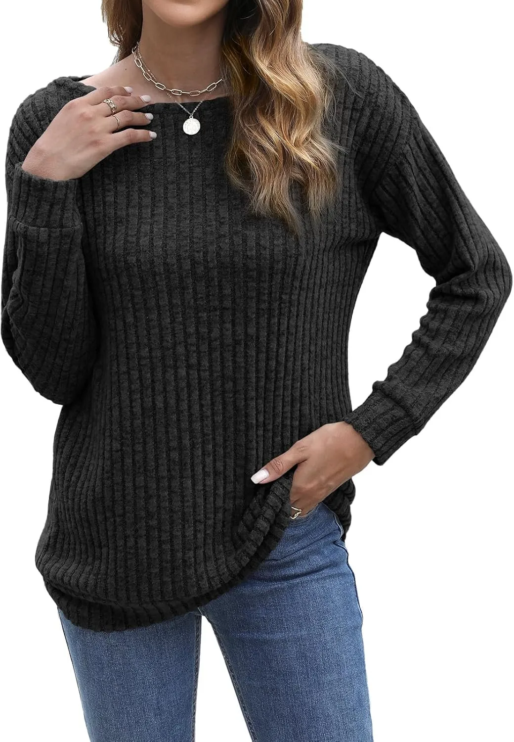 Womens Tops Sweaters Ladies Tunics Casual Long Sleeve Shirts Blouses Tees Dressy Casual Clothing Boat Neck Fashion 2025