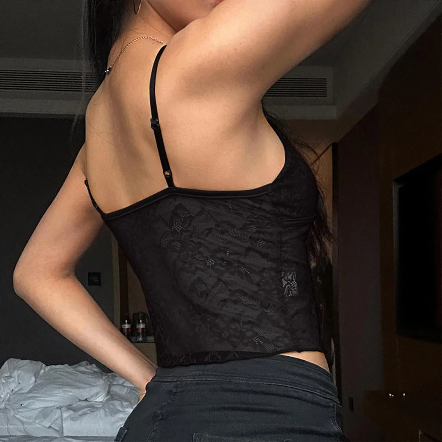 Women's V Neck Camisole Tank Top Mini Bowknot Front Spaghetti Strap Lace Cropped Tops