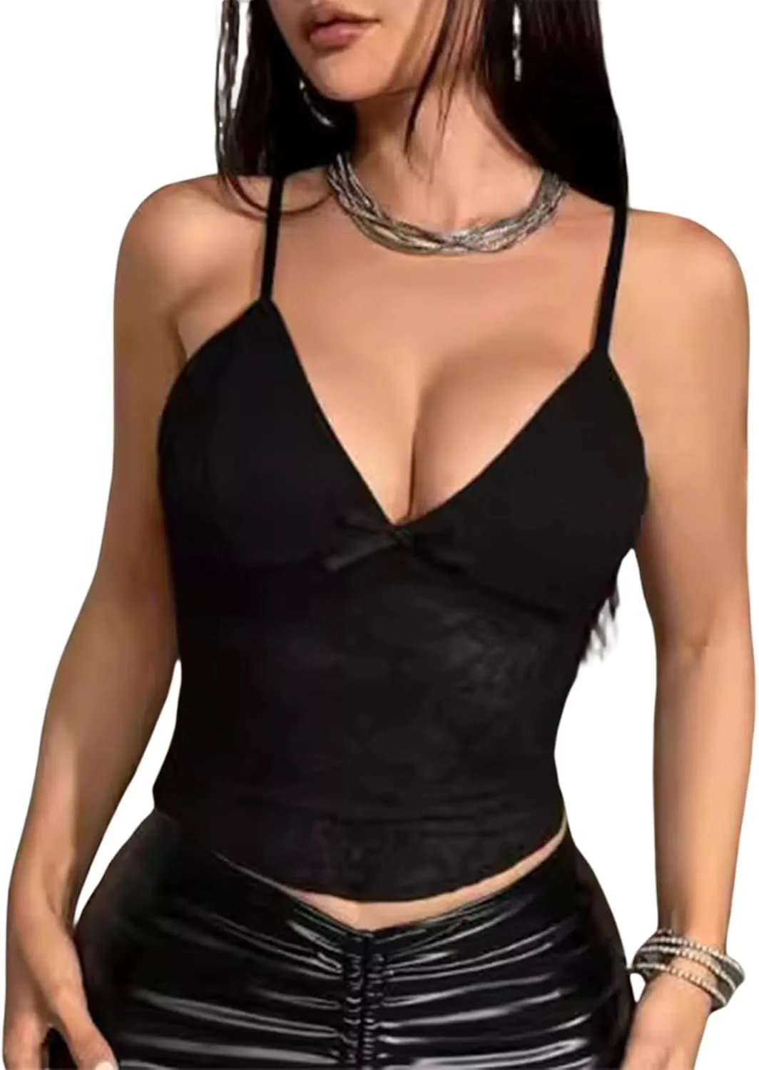 Women's V Neck Camisole Tank Top Mini Bowknot Front Spaghetti Strap Lace Cropped Tops