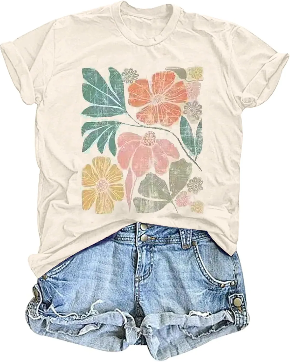 Women's Vintage Floral T Shirt Boho Wildflower Graphic Loose Tees Short Sleeve Casual Tops