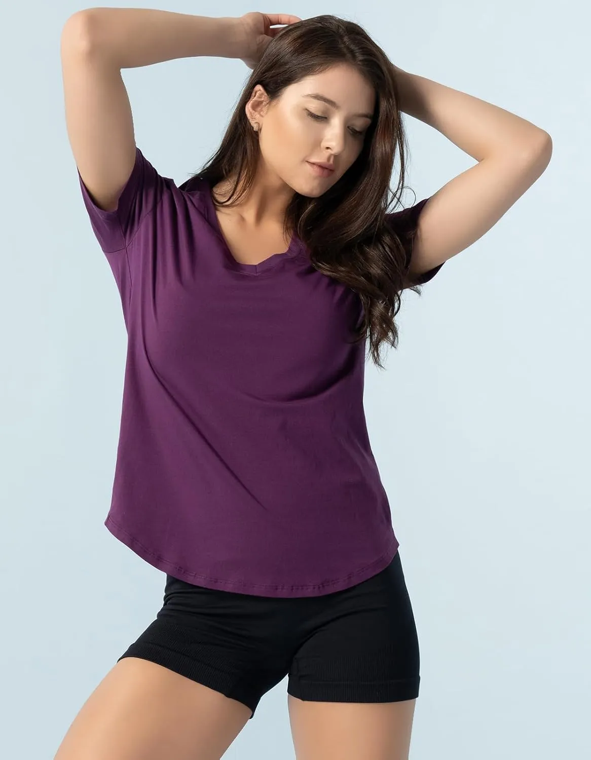 Women's Workout T-Shirt Pima Cotton Short Sleeve Curved-Hem V-Neck Shirts Athletic Yoga Tee Tops